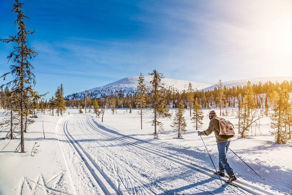 Tourist cross-country skiing in Northern Sweden at sunset