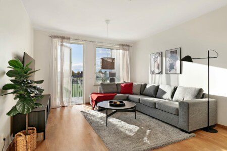 A large and bright living room with great view.