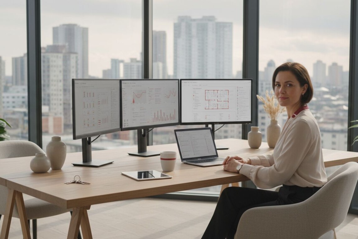 Property manager in modern office workspace