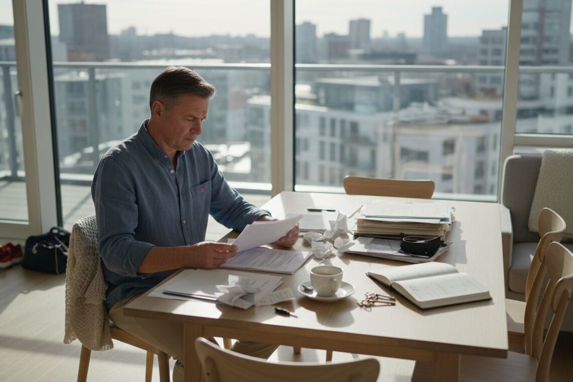 Landlord reviewing rental property documents at table