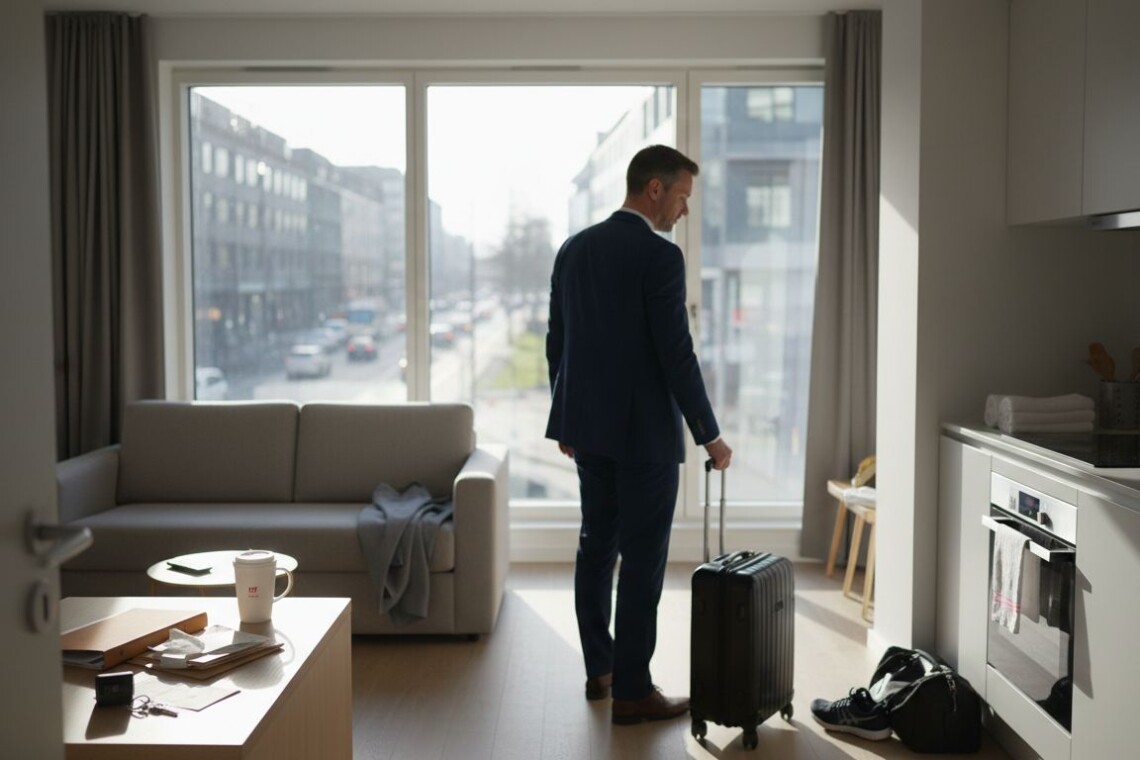 Business traveler entering furnished corporate apartment