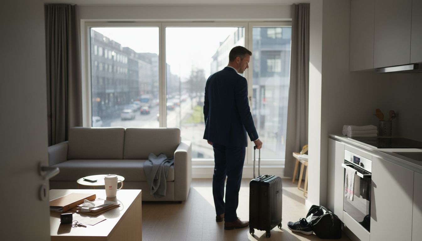 Business traveler entering furnished corporate apartment