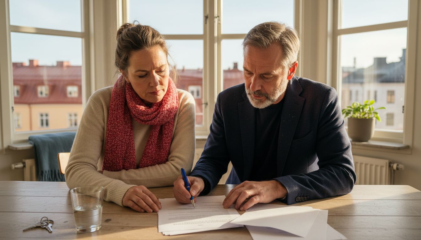 Couple signing Swedish lease in sunny room