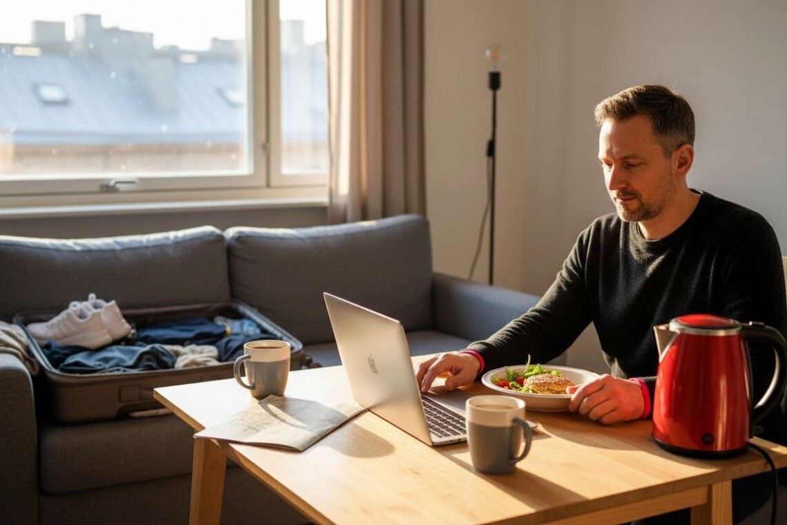 Business traveler in furnished corporate apartment