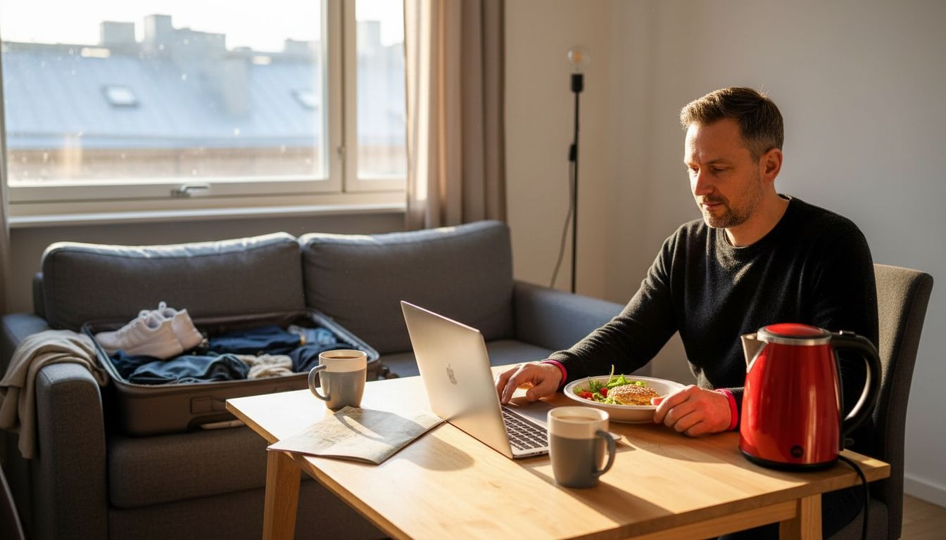 Business traveler in furnished corporate apartment