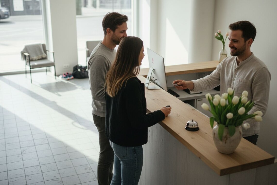 Front desk agent greeting hotel guests