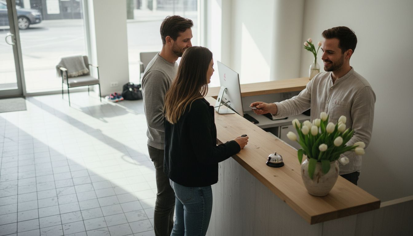 Front desk agent greeting hotel guests