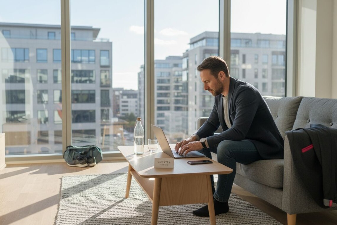 Business traveler working in furnished apartment