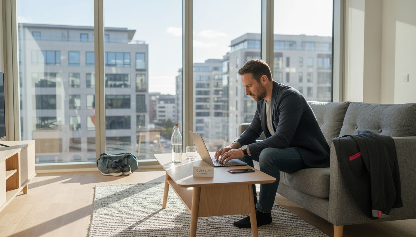 Business traveler working in furnished apartment