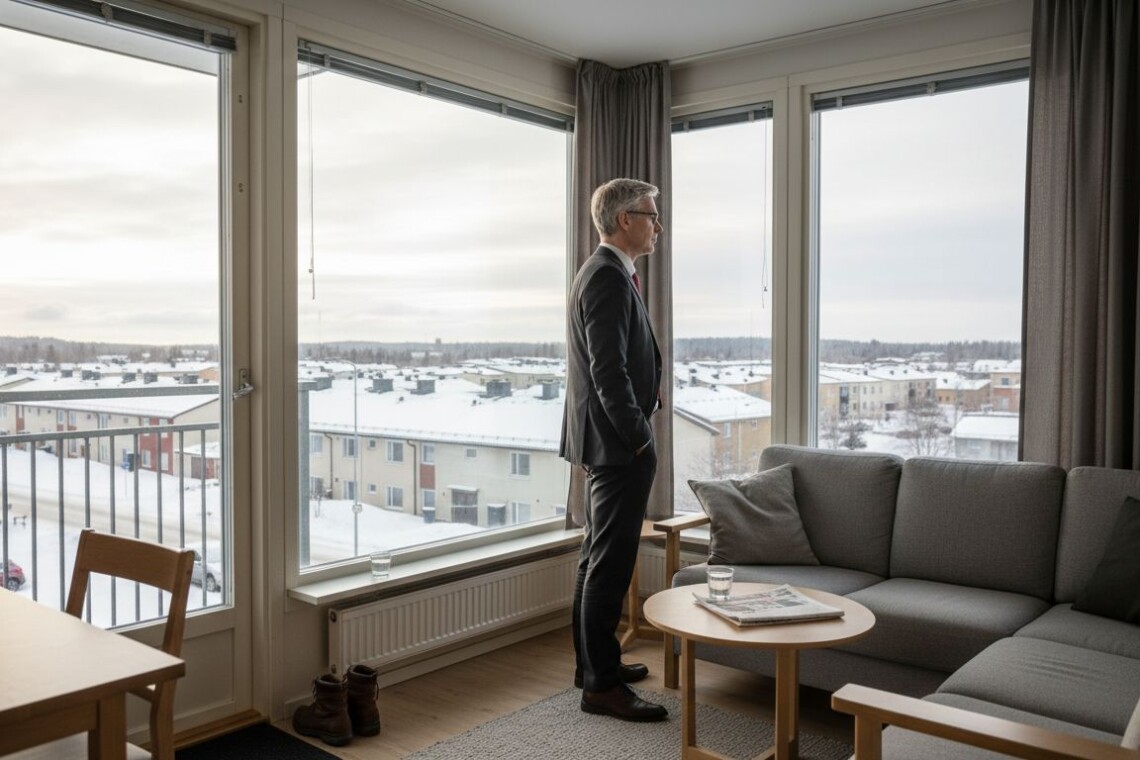 Businessman in Swedish apartment overlooking city