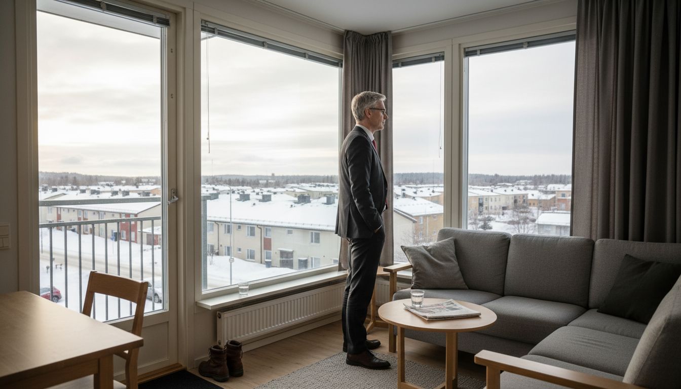 Businessman in Swedish apartment overlooking city
