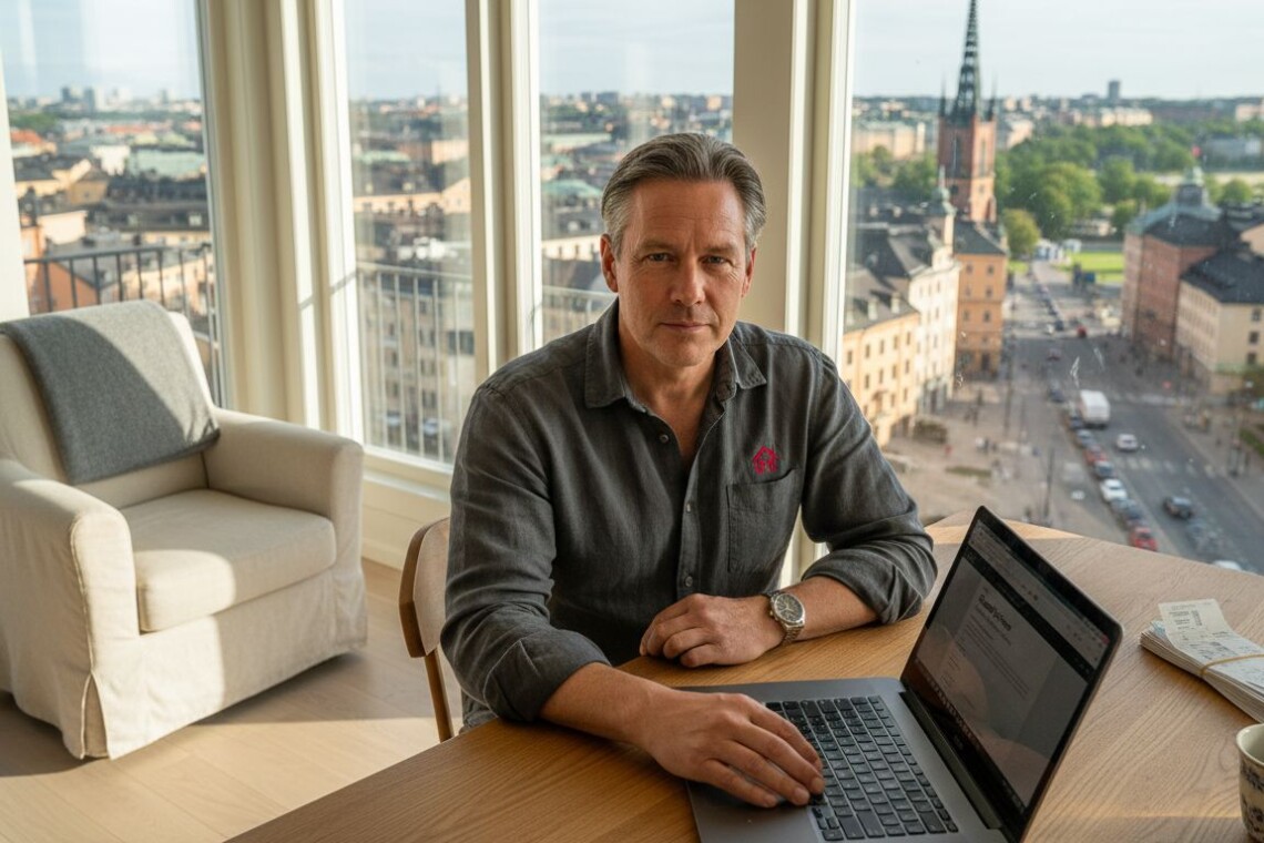 Landlord using software in sunny Swedish office