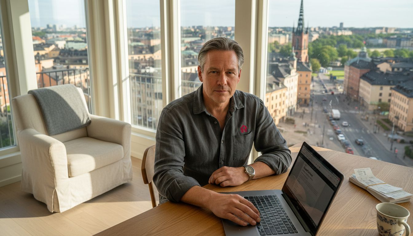 Landlord using software in sunny Swedish office