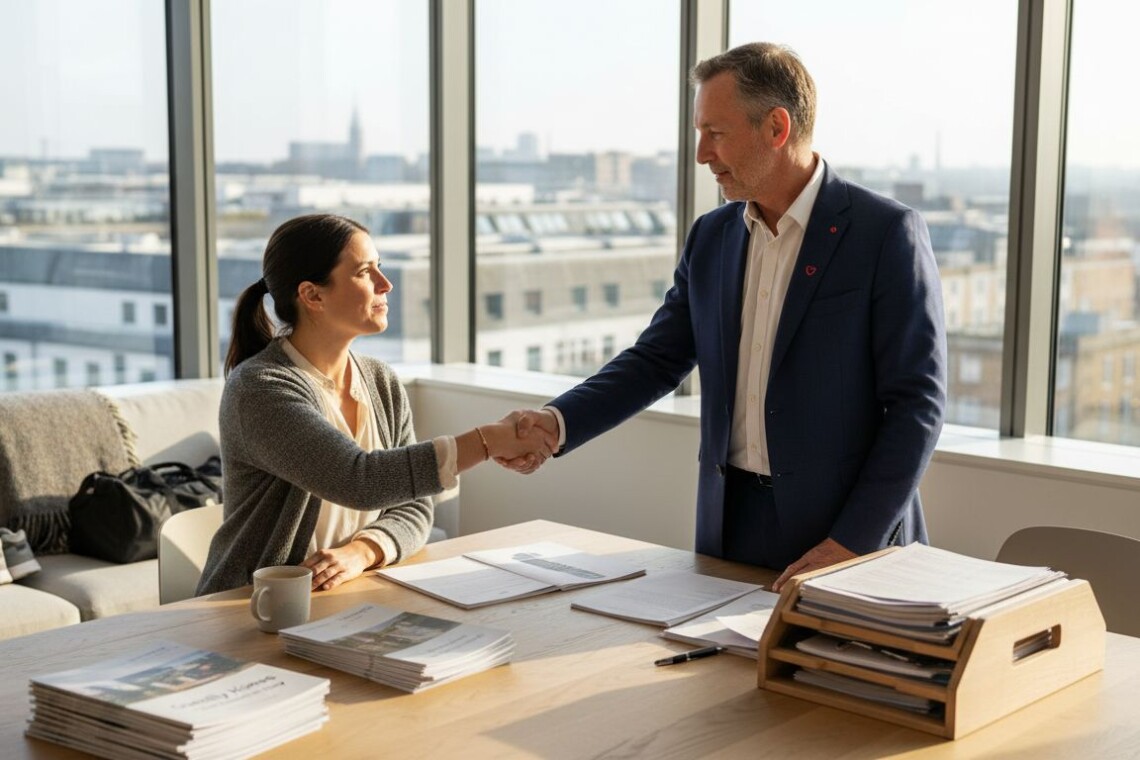 Real estate agent meets property manager in office