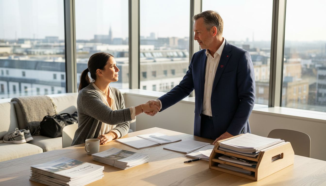 Real estate agent meets property manager in office