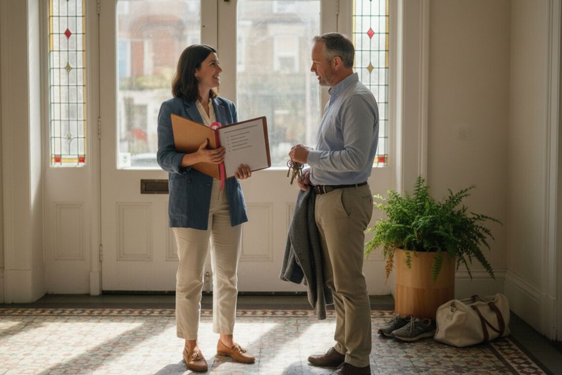 Property manager meeting landlord at apartment entry