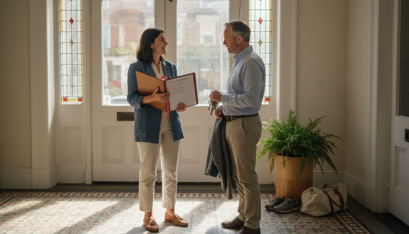 Property manager meeting landlord at apartment entry