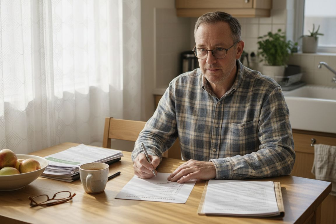 Host reviewing property documents in kitchen