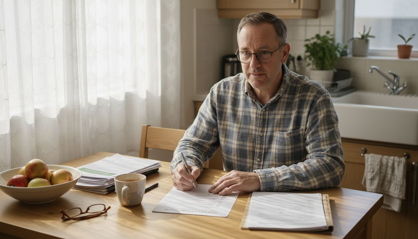 Host reviewing property documents in kitchen