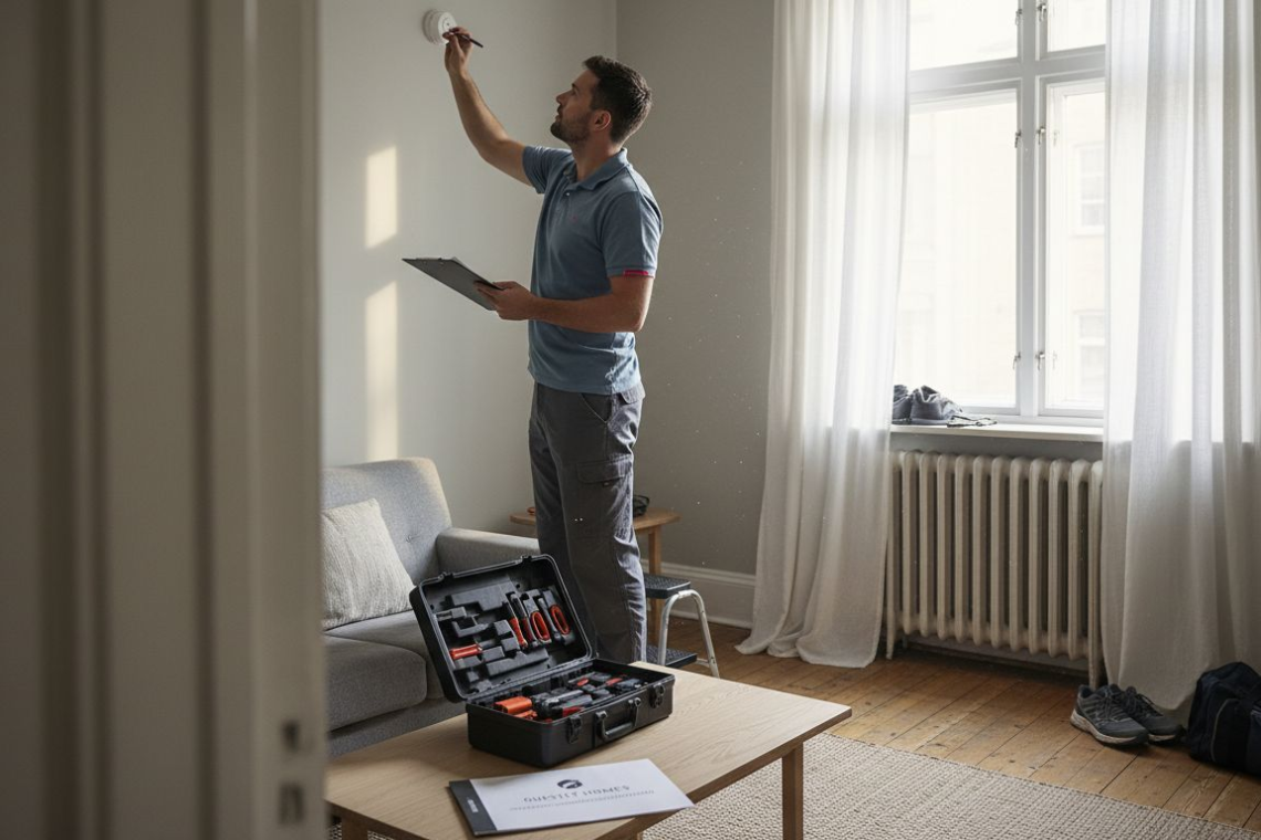 Maintenance worker inspecting apartment smoke detector