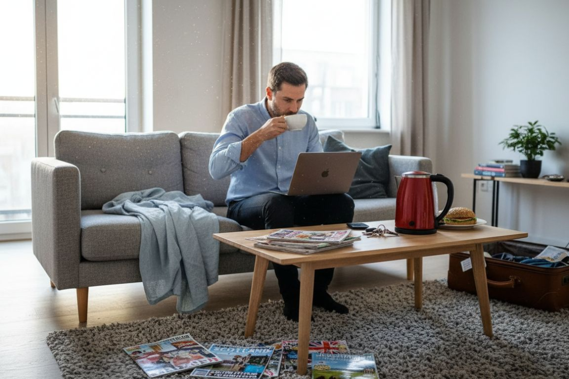 Man relaxing in lived-in city apartment