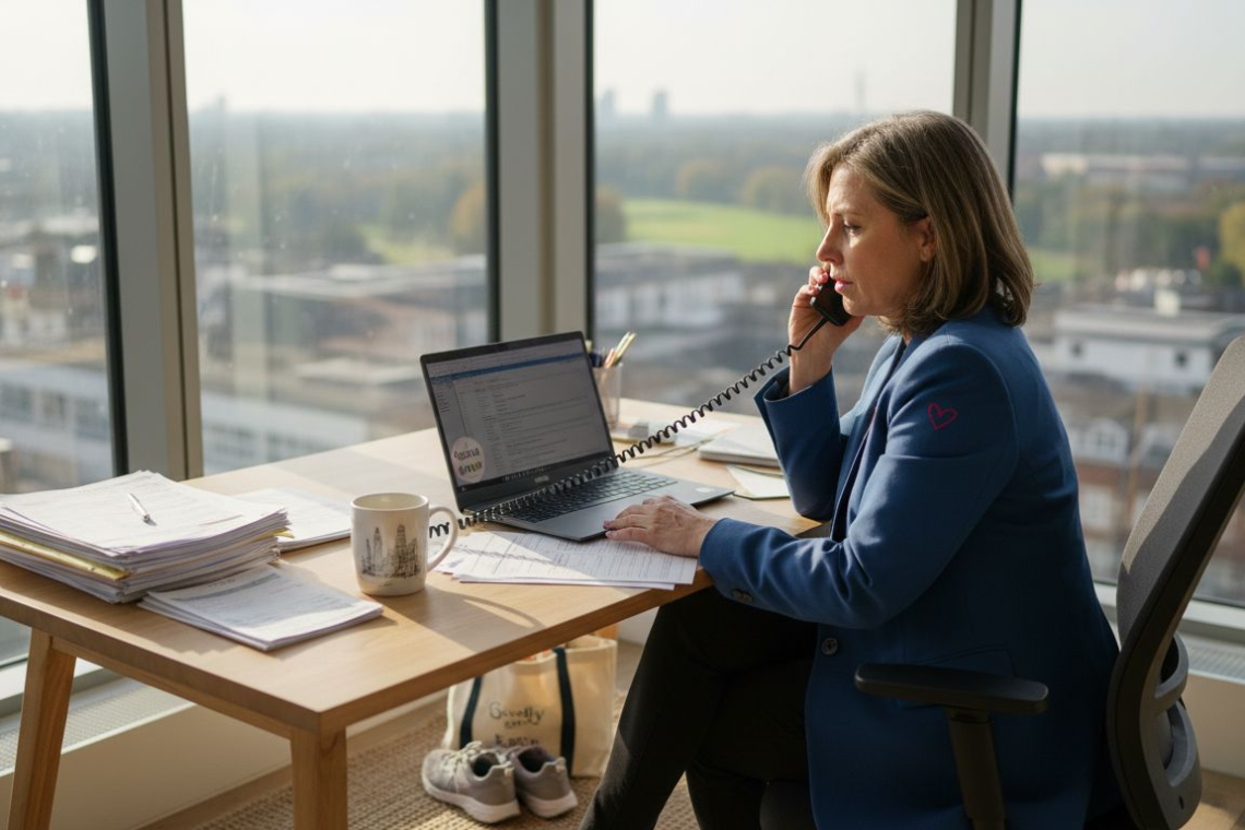 Property manager reviewing fees in city office