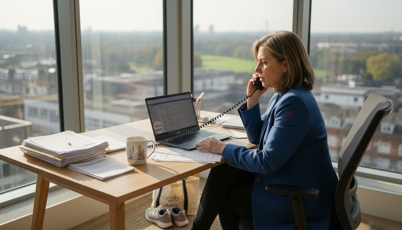 Property manager reviewing fees in city office