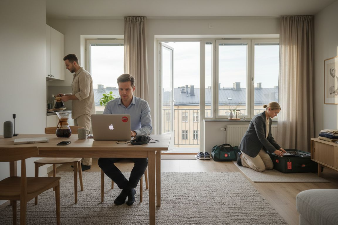 Business travelers in furnished Swedish apartment
