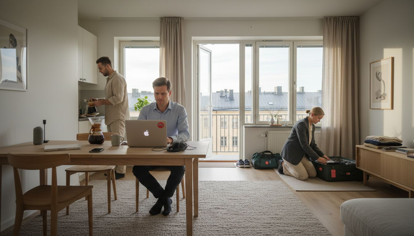 Business travelers in furnished Swedish apartment