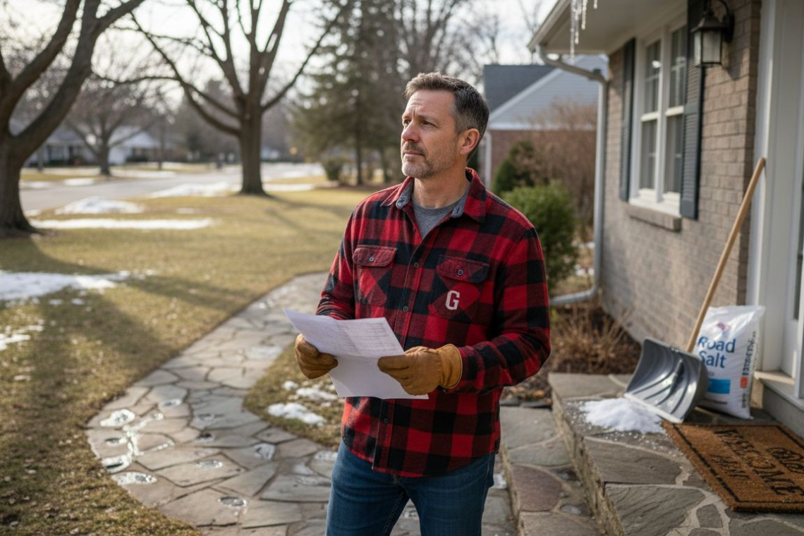 Homeowner checking winter house checklist outside