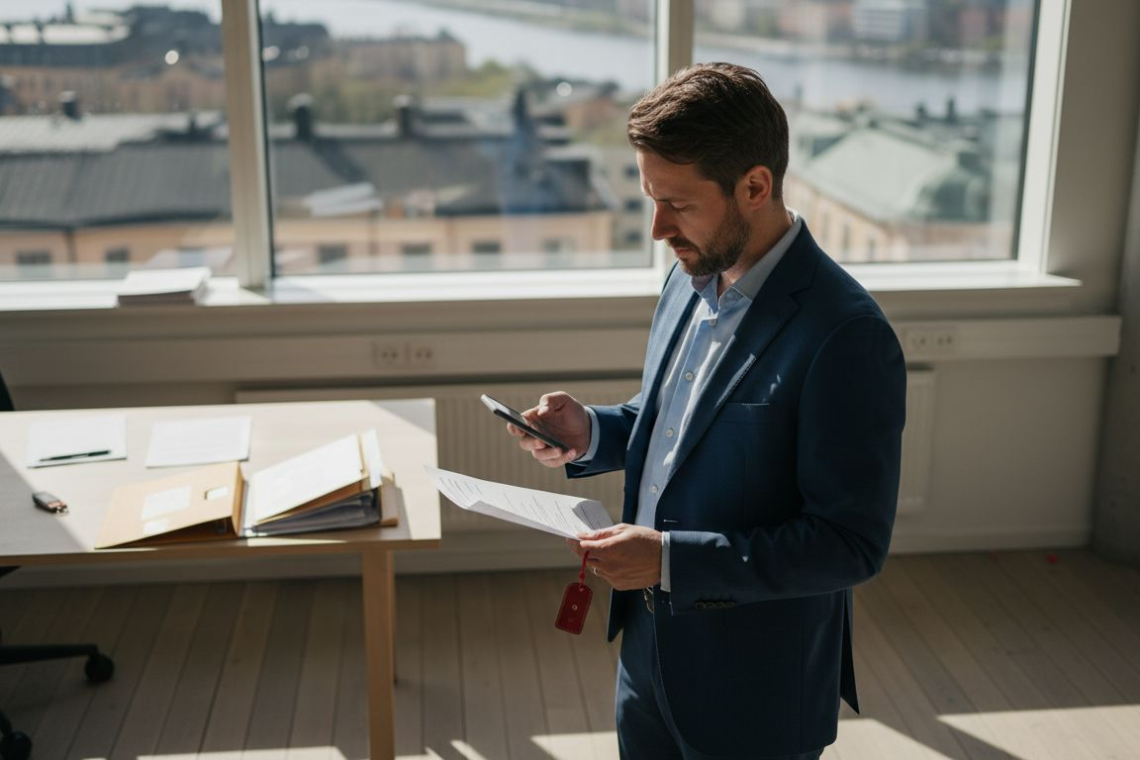 Nordic professional reviewing Swedish rental agreement