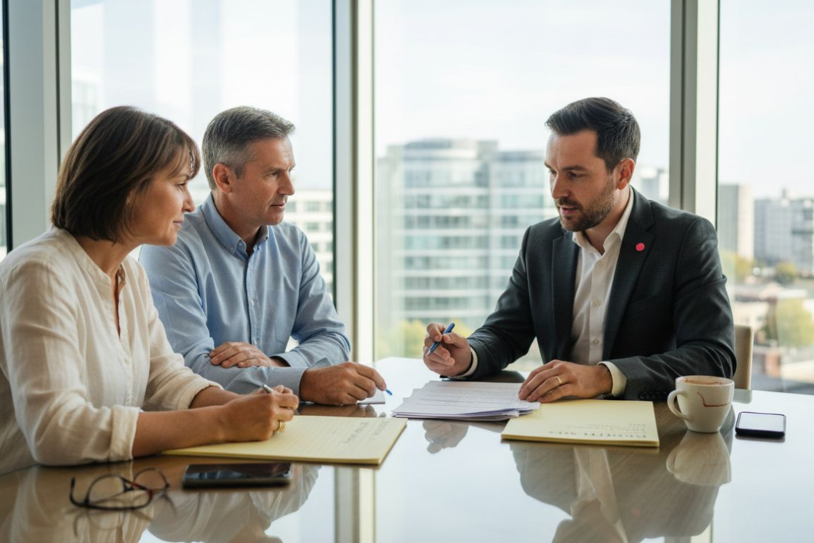Property manager meeting with clients in office