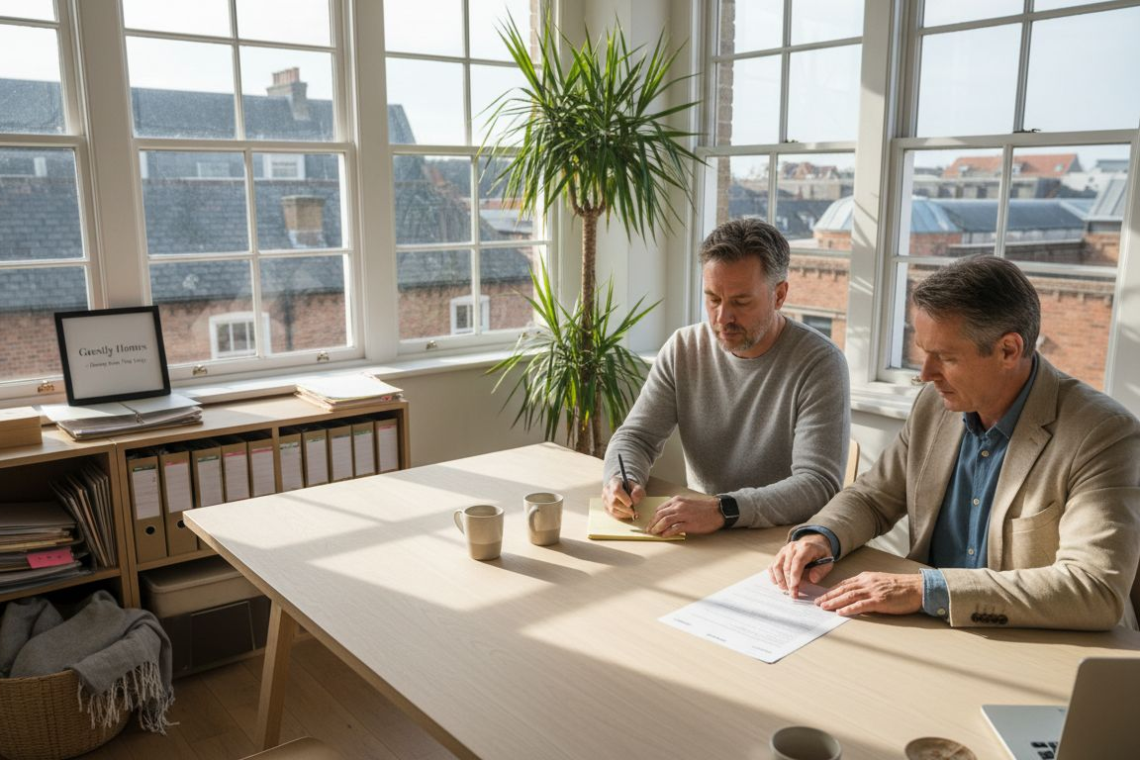 Property manager in office meeting with clients