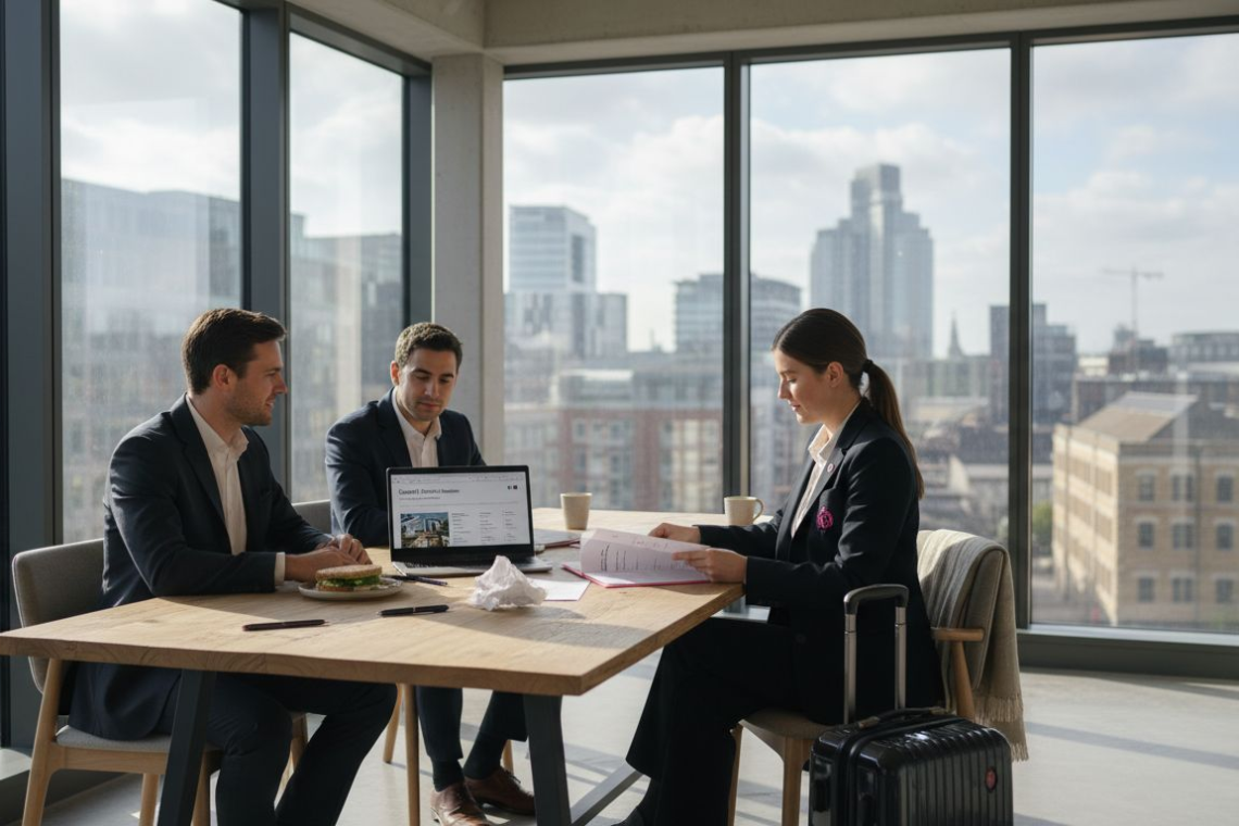 Business team reviews temporary housing options in office