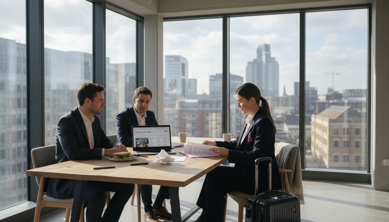 Business team reviews temporary housing options in office