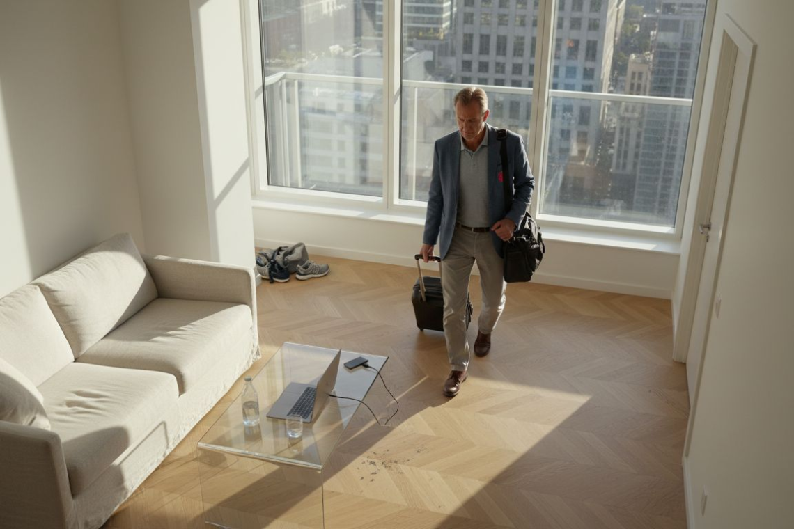 Executive arriving to furnished apartment workspace