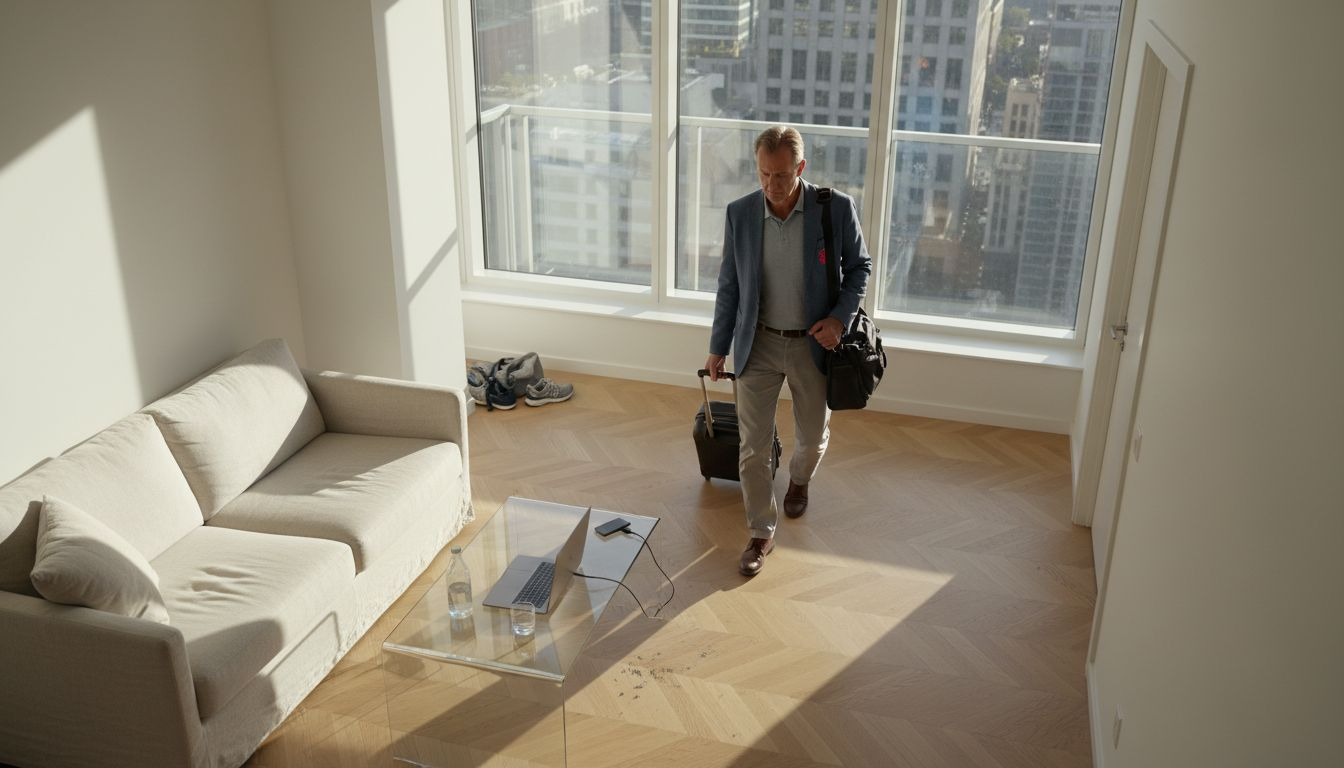 Executive arriving to furnished apartment workspace