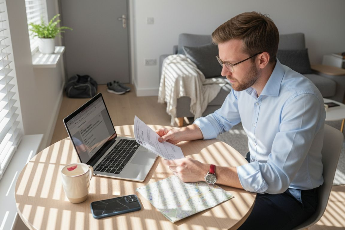 Man reviews accommodation checklist at city apartment