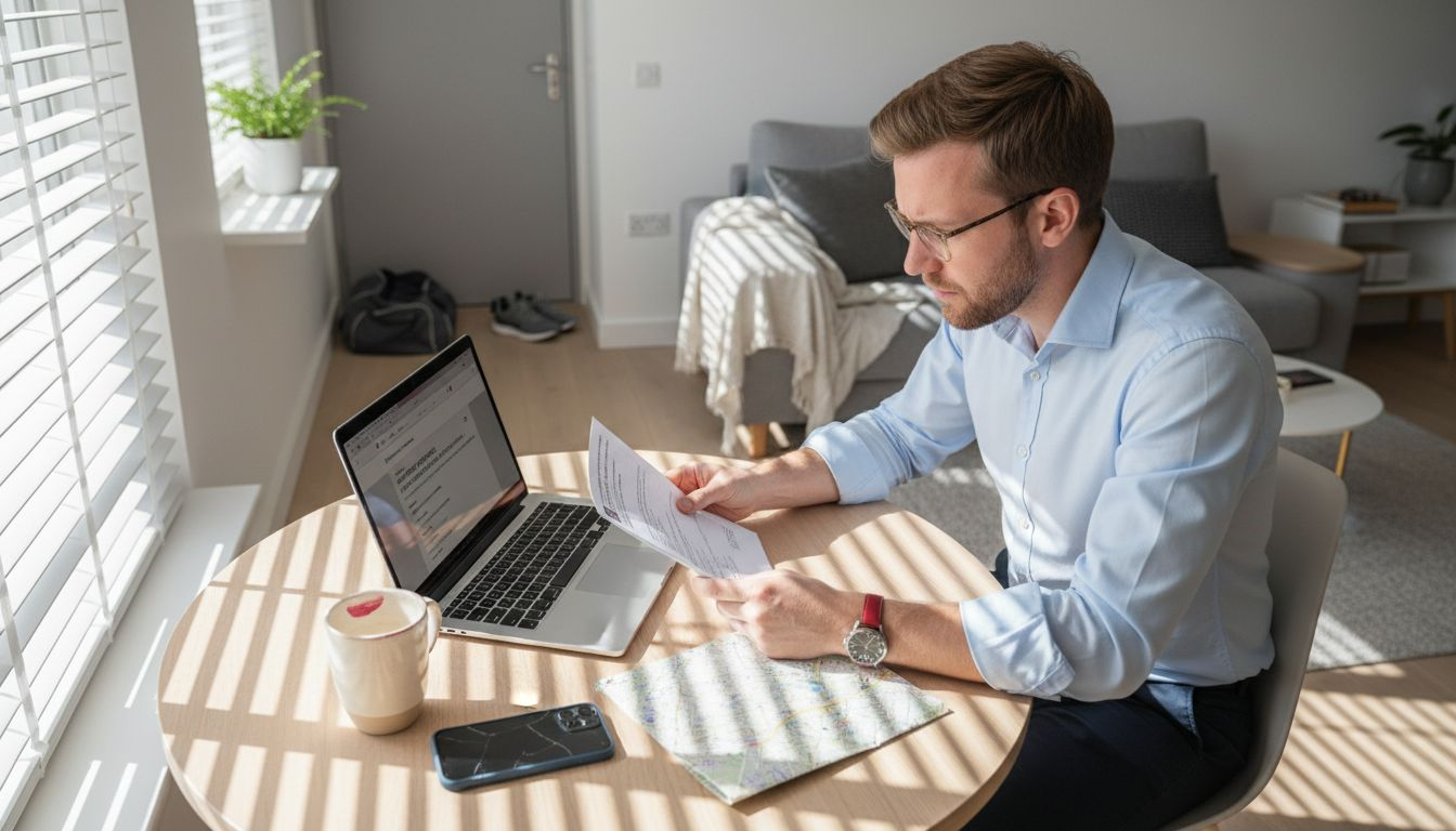 Man reviews accommodation checklist at city apartment