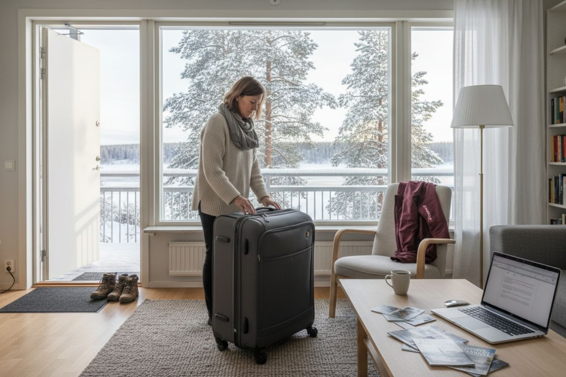 Business traveler unpacking in Norrbotten apartment