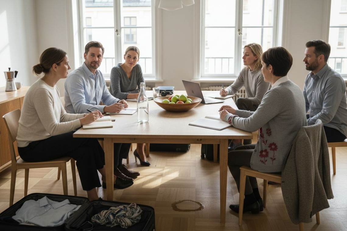 Team arriving at Swedish accommodation