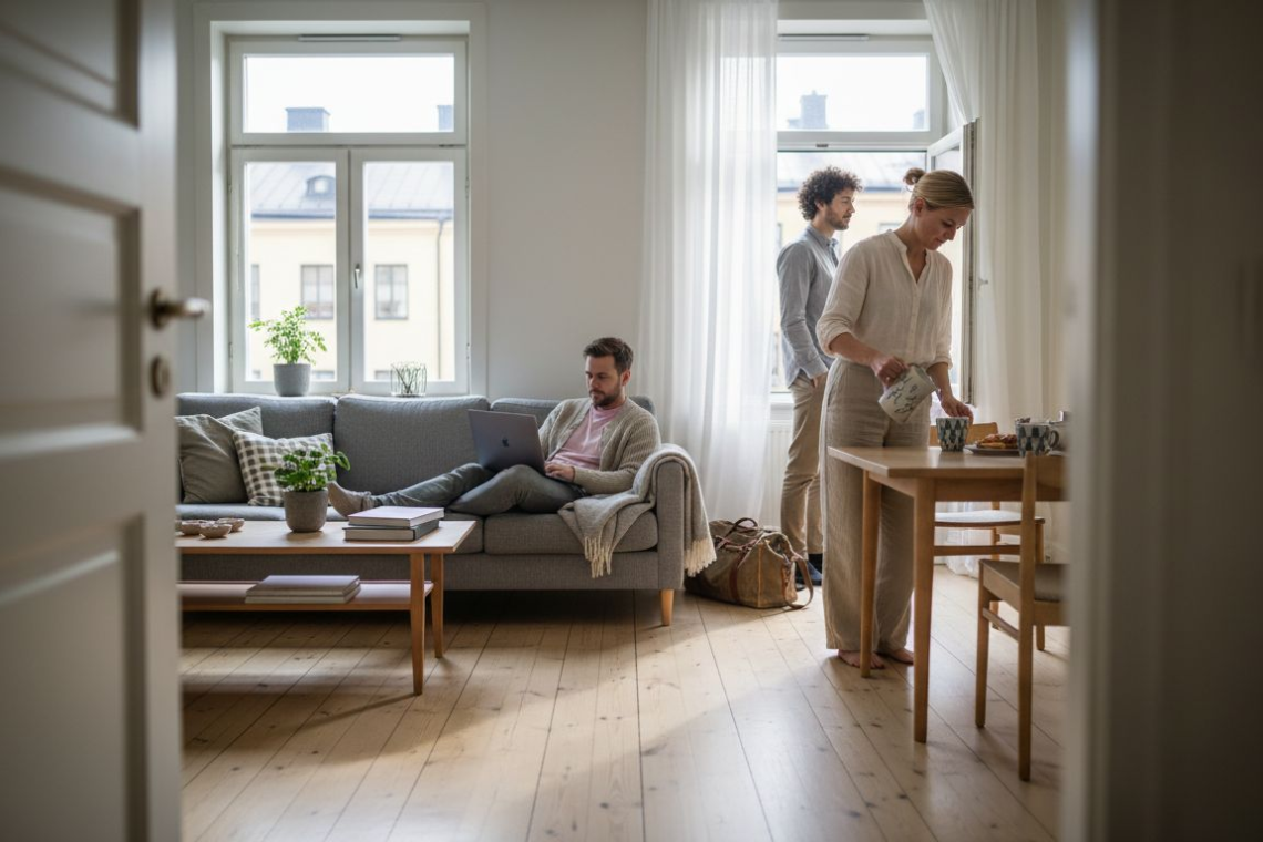 Business team relaxing in Swedish apartment living room