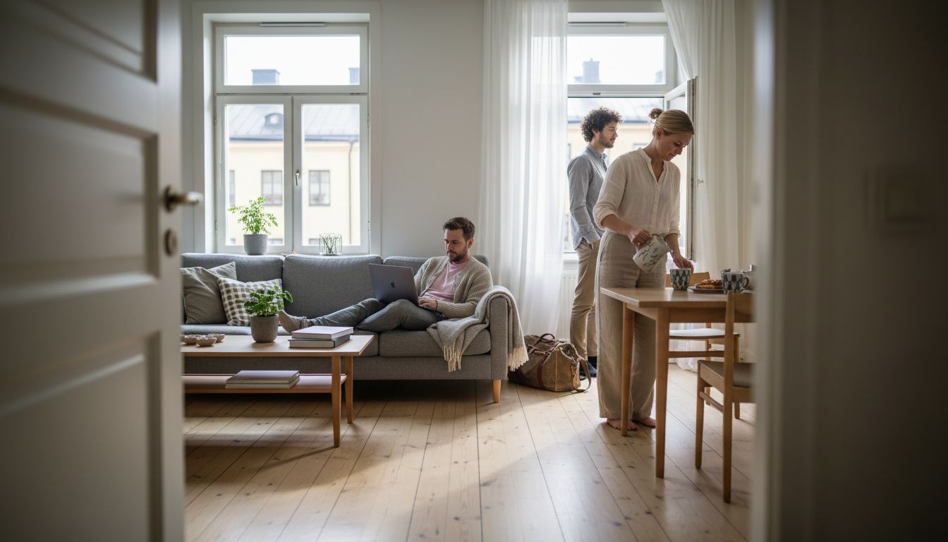 Business team relaxing in Swedish apartment living room