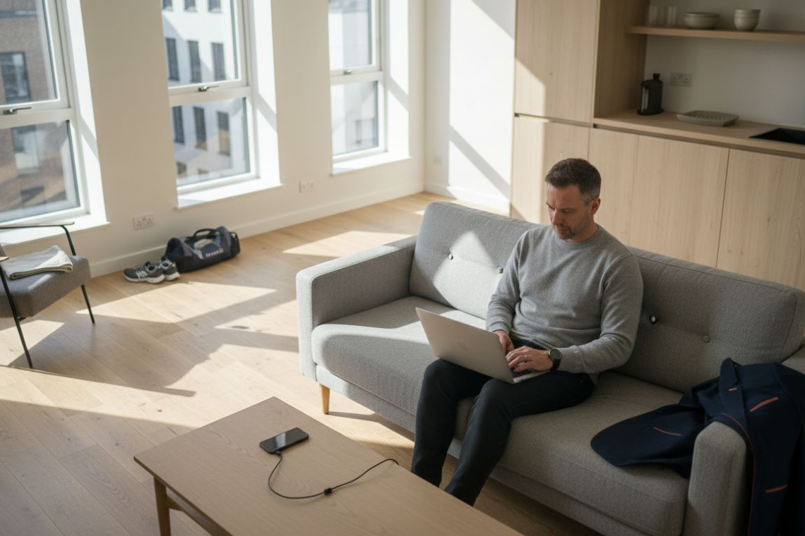 Professional working in service apartment living area