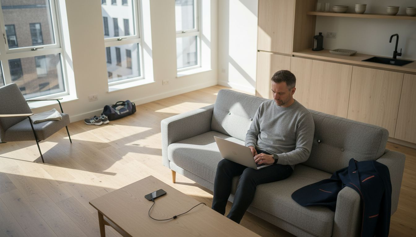 Professional working in service apartment living area