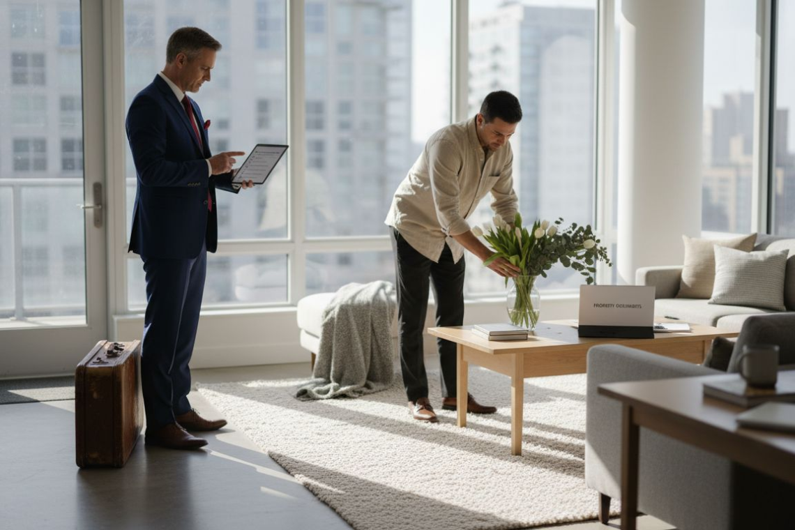 Executive and home manager preparing apartment