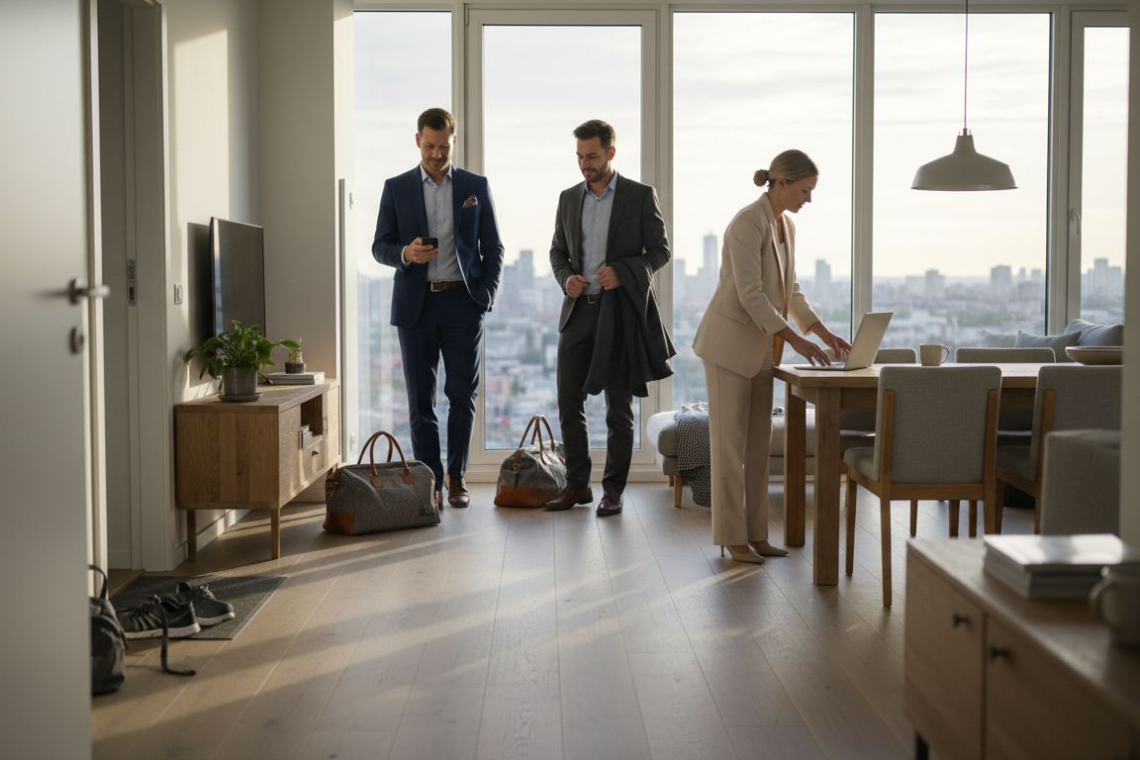 Business team entering furnished apartment