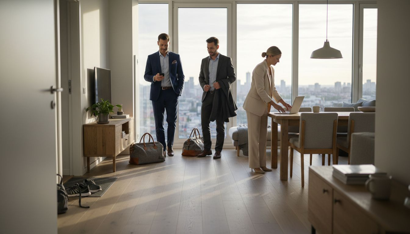 Business team entering furnished apartment
