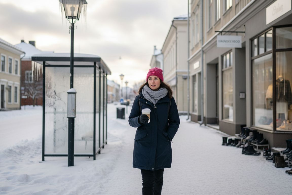 Professional walking down snowy Norrbotten street