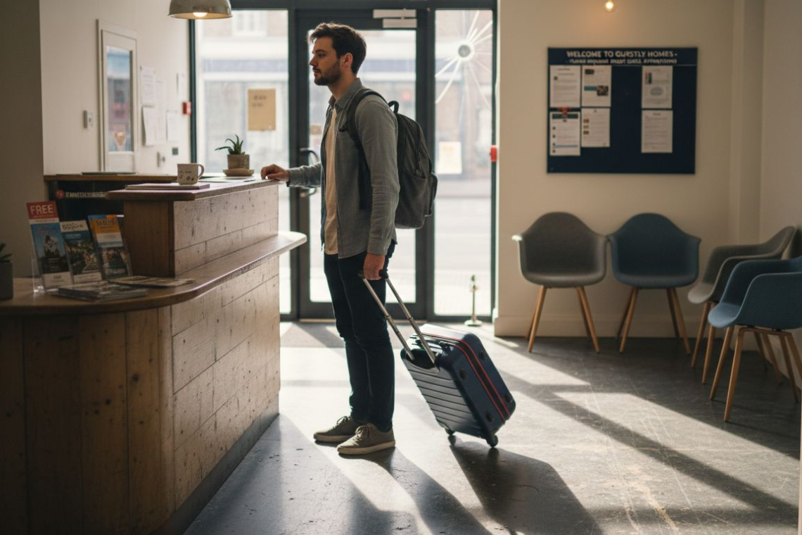 Young professional entering foyer lobby with suitcase